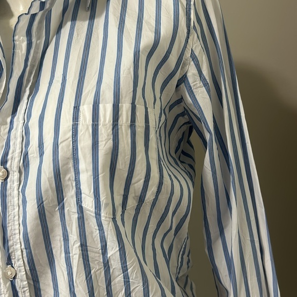 Frank and Eileen Barry Relaxed Crinkle Button Up Shirt White Blue Pinstripe Sz S - Picture 5 of 12